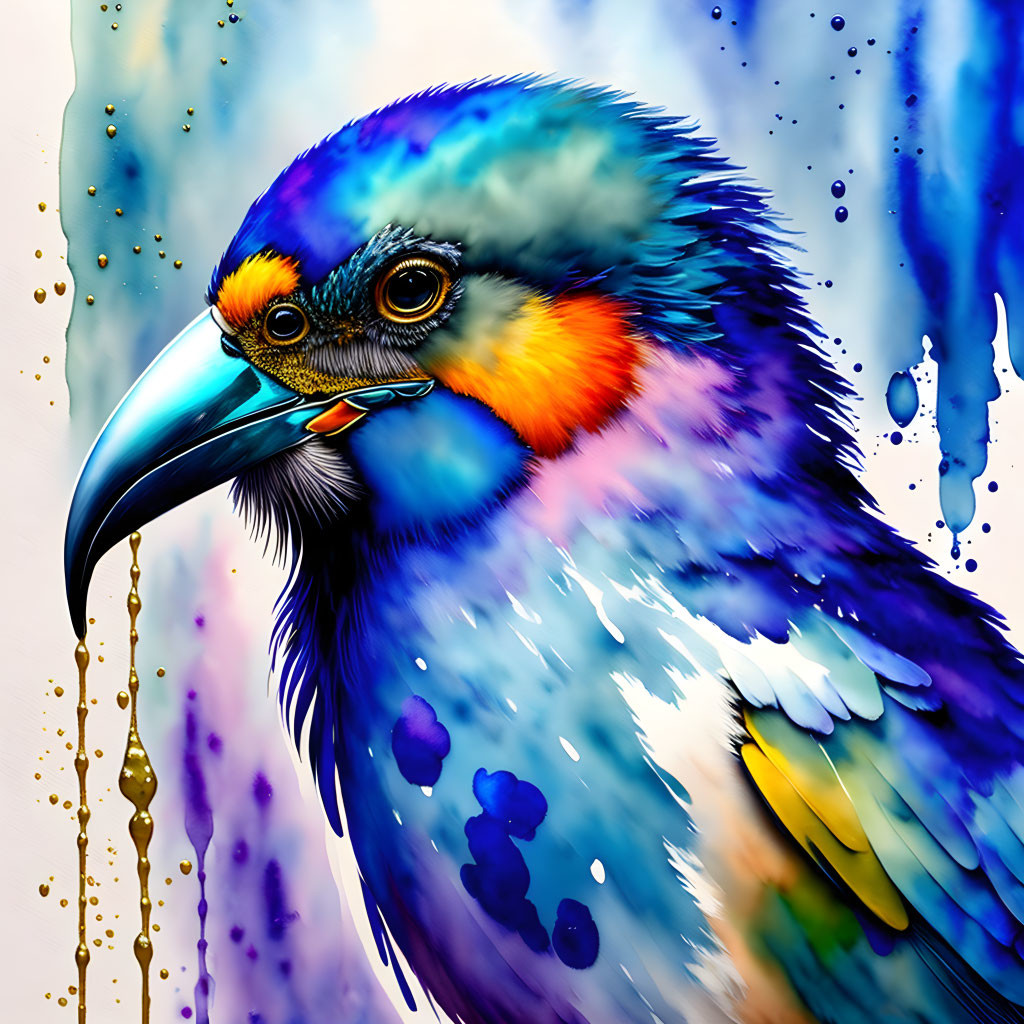 Colorful digital artwork: Bird with vibrant blue, yellow, and orange plumage on splattered background