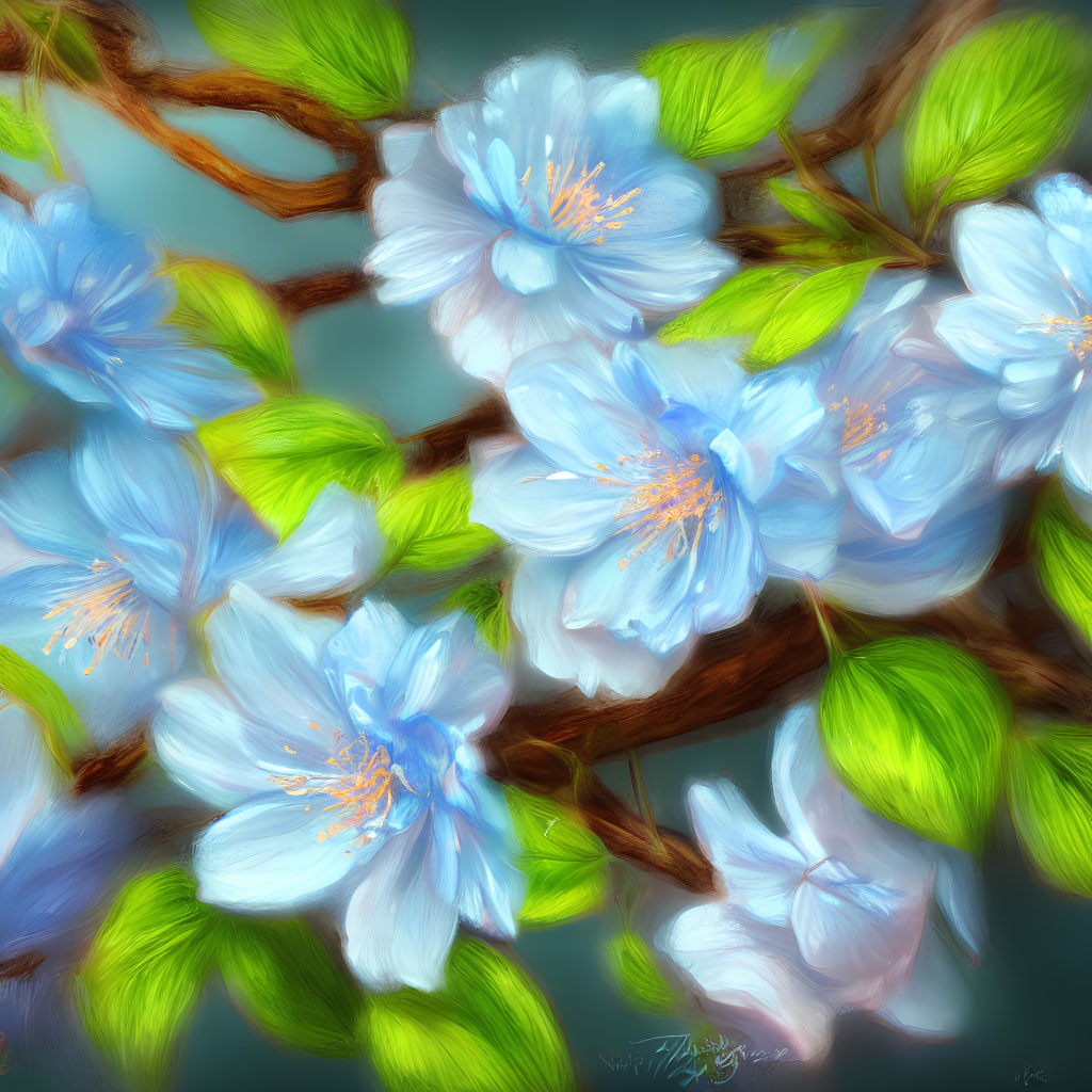 Vibrant blue cherry blossoms with orange stamens on green and brown background