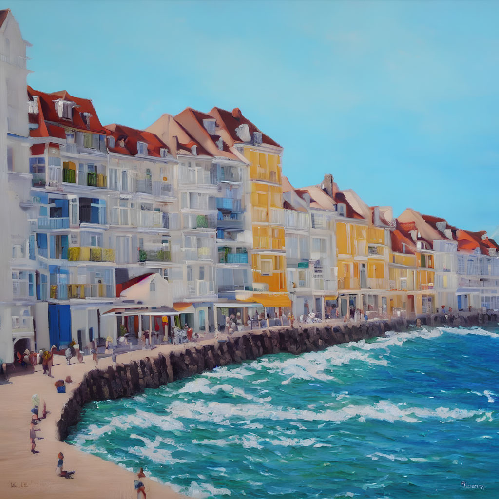 Vibrant beachfront scene with colorful buildings, people on promenade, and crashing waves