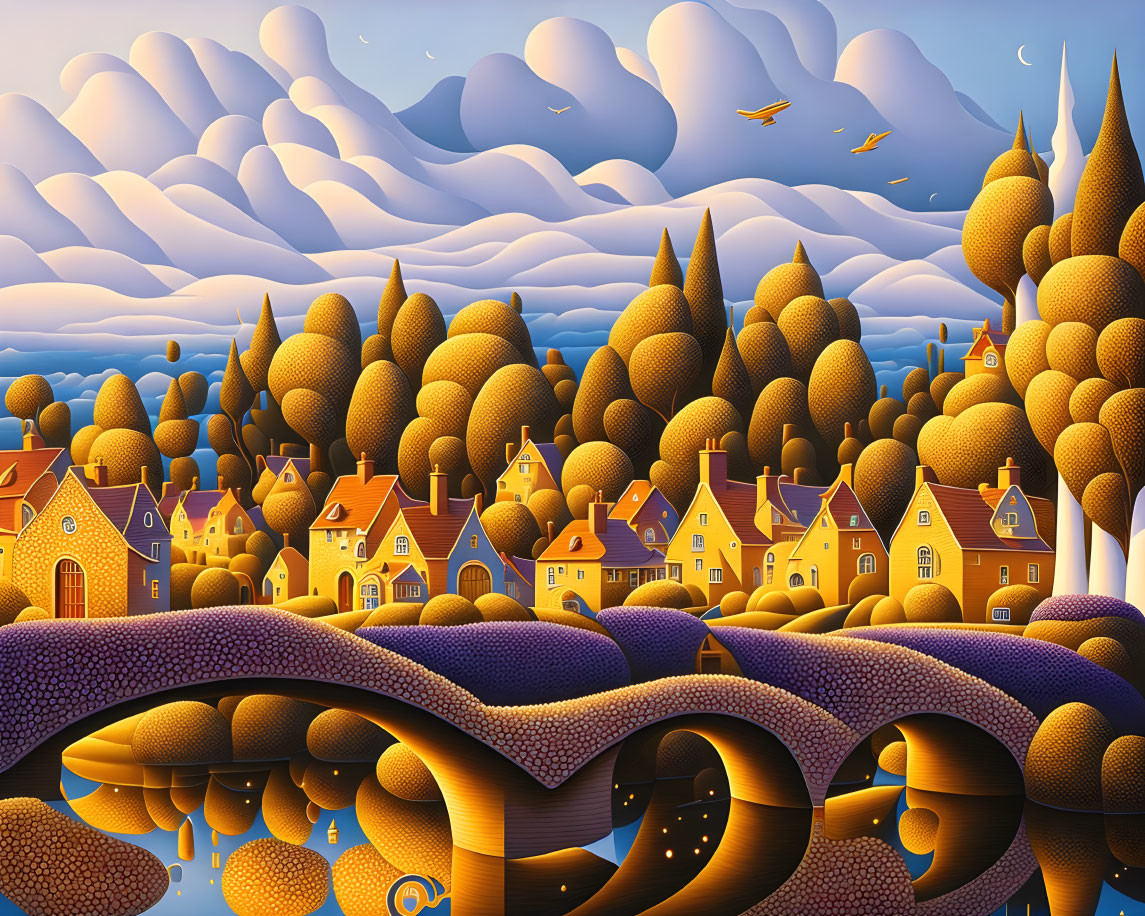 Surreal landscape with golden hills, village, roads, and twilight sky