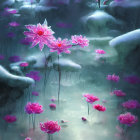 Pink flowers blooming over snowy ground with stones - serene winter scene