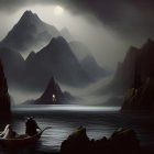 Misty landscape with shadowy mountains, serene lake, boat, draped figure, lone person on peak