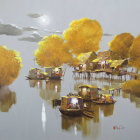 Boats moored under golden-lit trees in calm water with sun or moon overhead