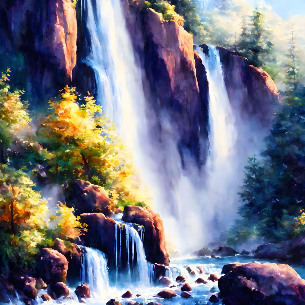 Majestic waterfall cascading into serene pool with autumn trees in sunlight