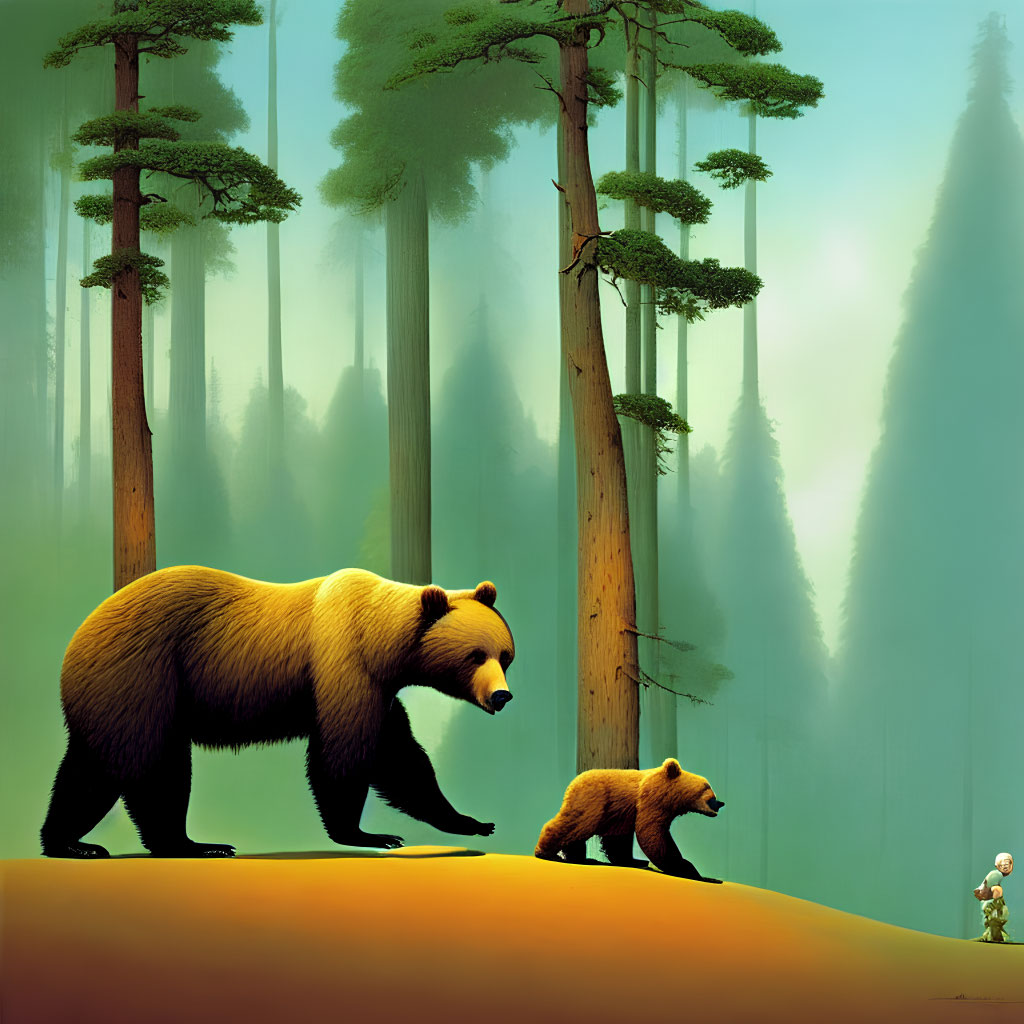 Mother bear and cub in misty forest with towering trees and shadows
