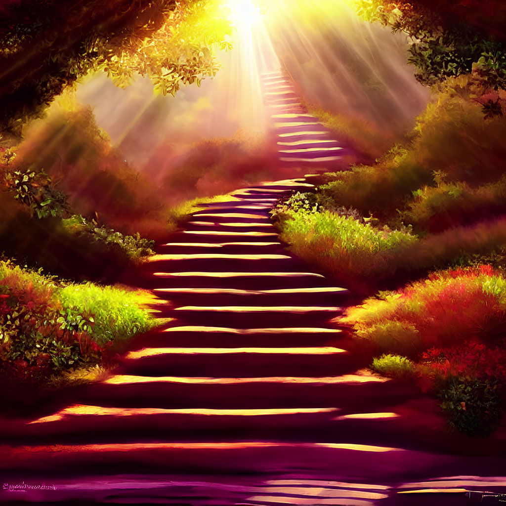 Enchanted forest scene with sunlit path and colorful flora