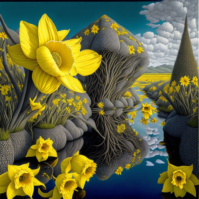 Vibrant yellow daffodils in surreal landscape with textured tree trunks and bee hive hills