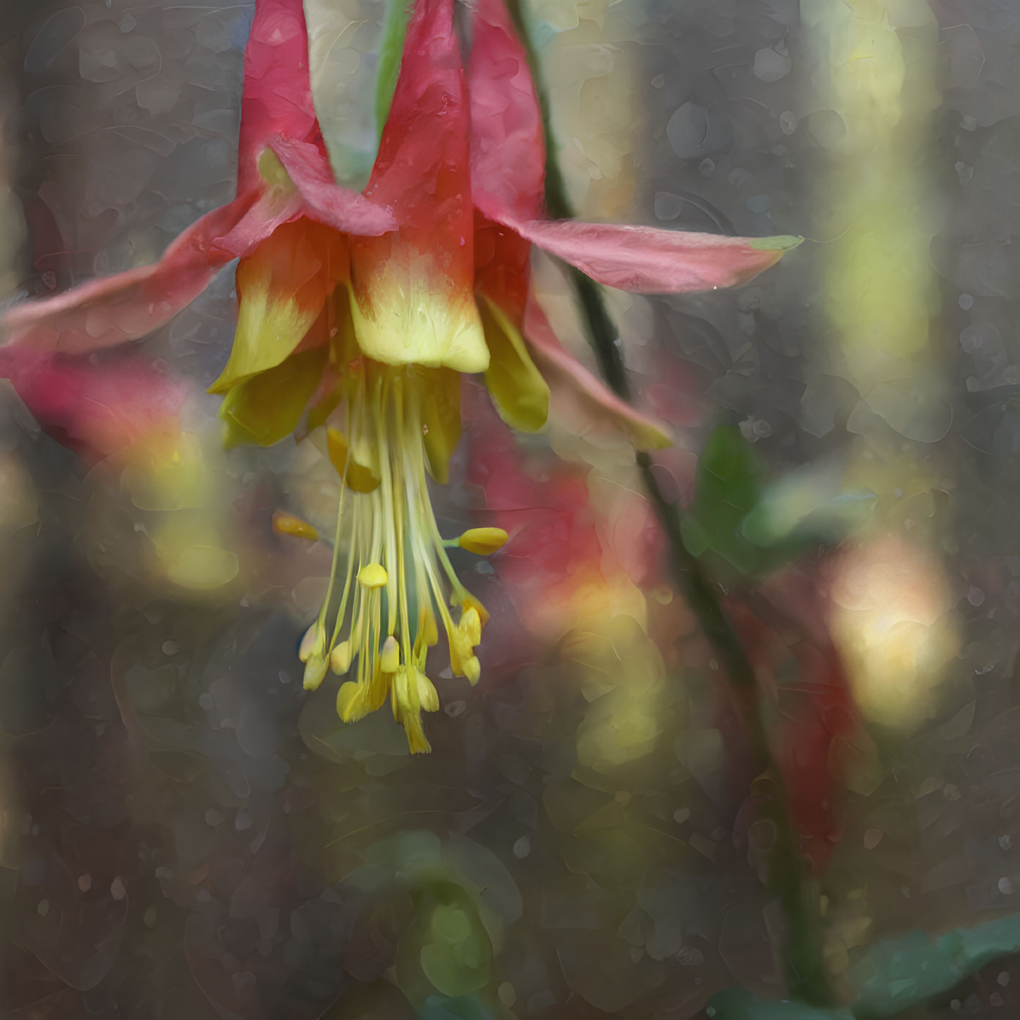 Vibrant red and yellow flower with elongated petals and stamens in soft bokeh background