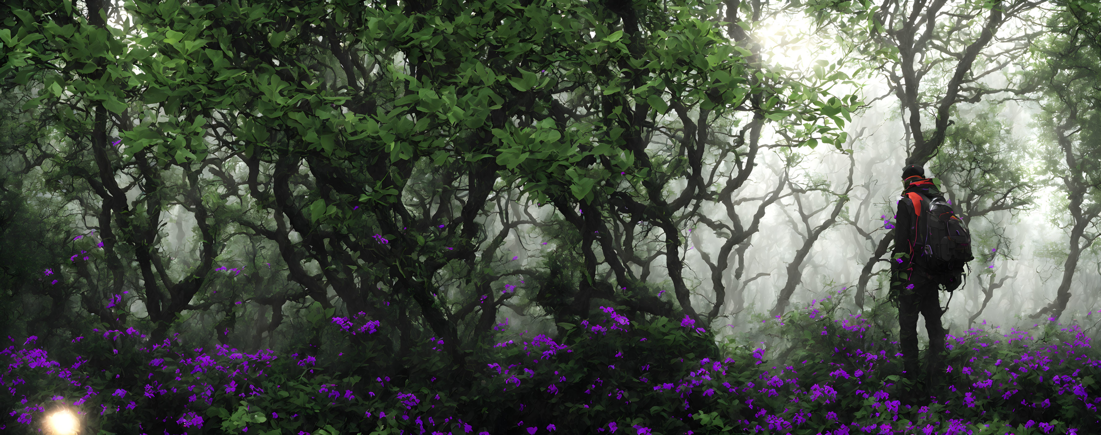 Person standing in misty forest with backpack, green foliage, and purple wildflowers