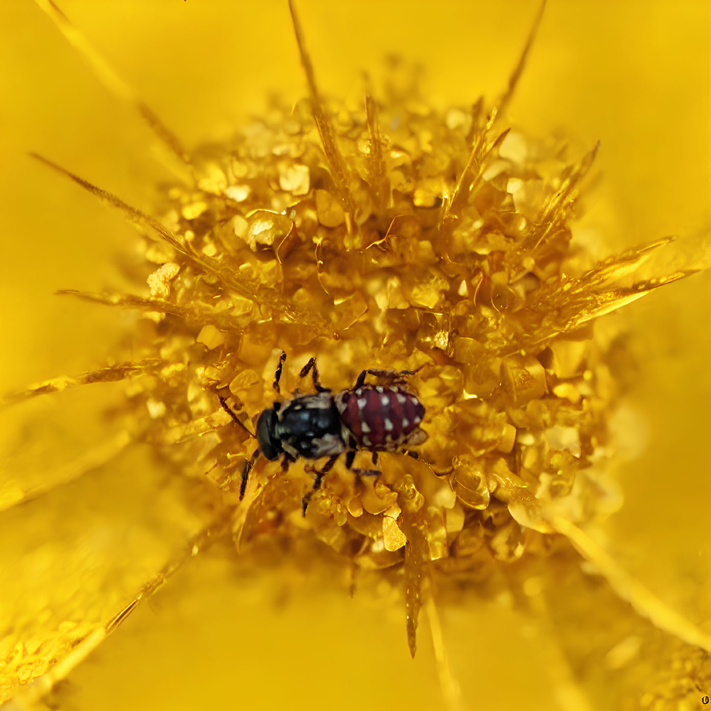 Detailed Close-Up of Beetle on Yellow Flower with Golden Petals