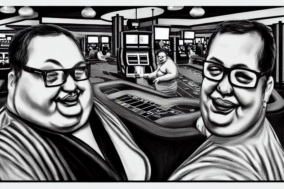 Monochrome caricature of smiling duo in casino ambiance