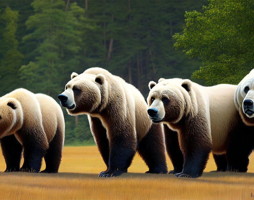 Three Brown Bears Standing in Grassy Field with Trees and Hazy Sky