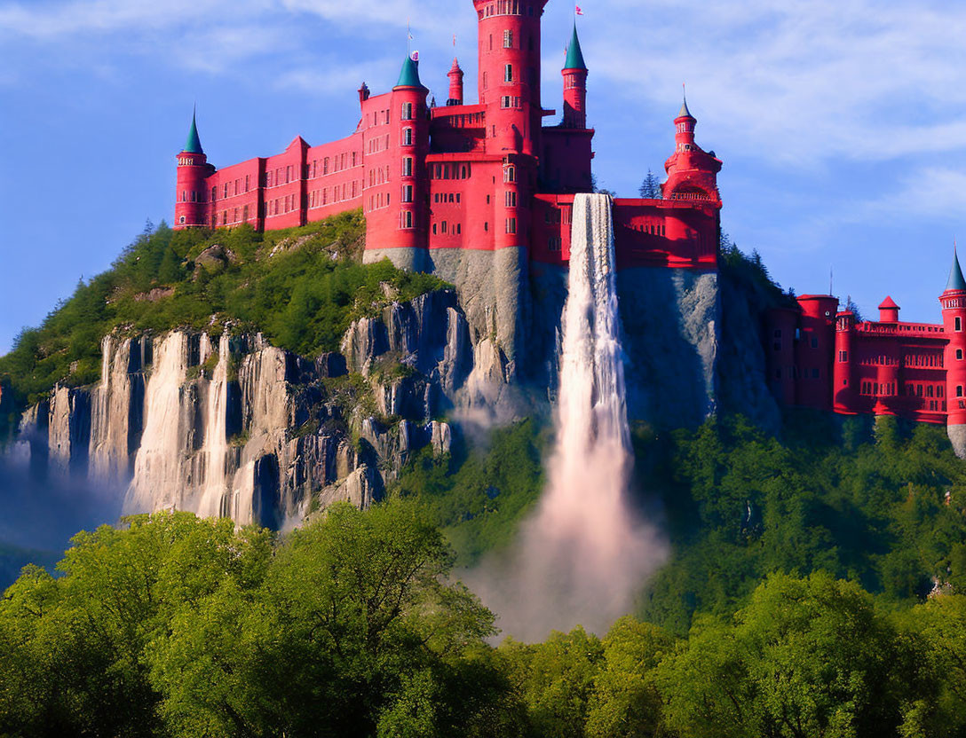 Majestic red castle on rugged cliff with towers and waterfall