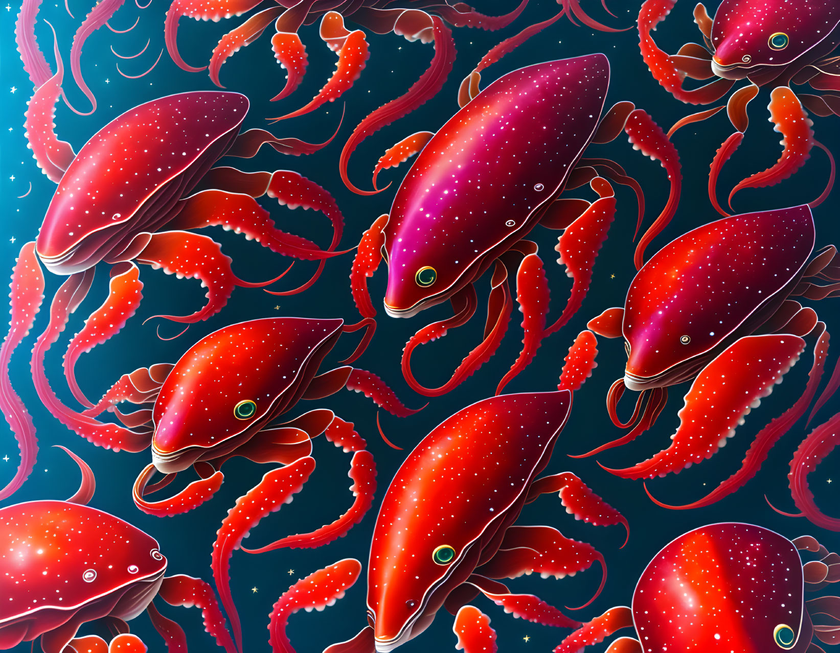 Colorful digital art: Red squids in blue water with floating tentacles