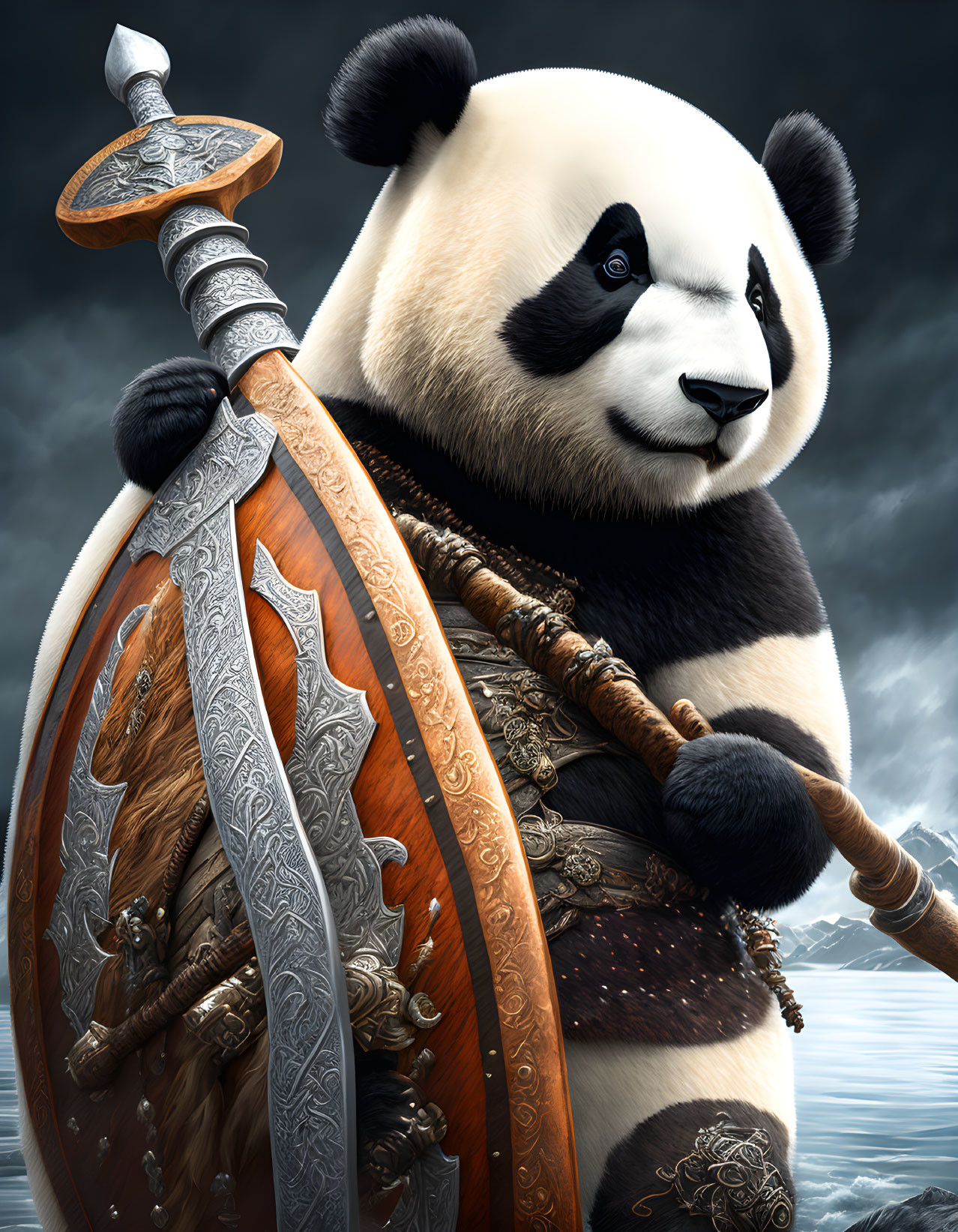 Panda warrior with silver sword and shield in stormy sky.