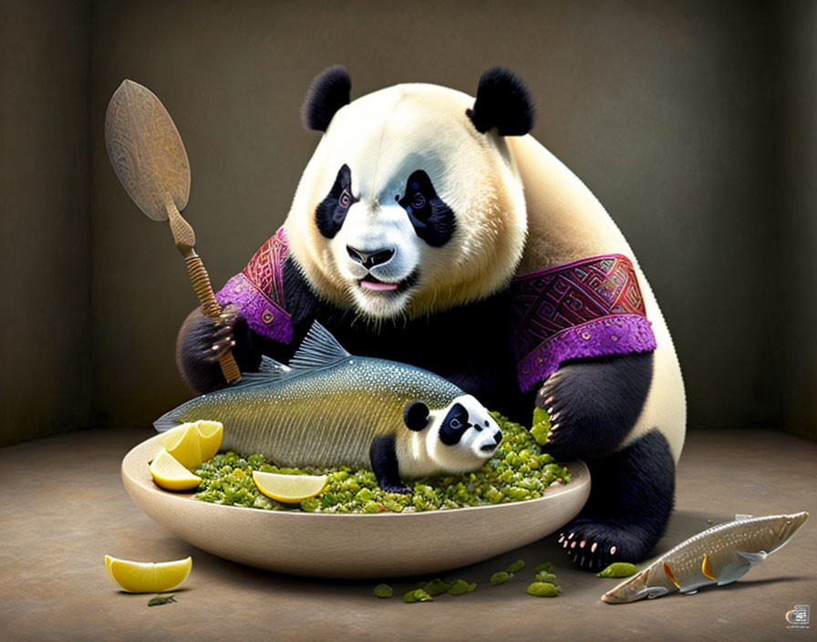 Panda in traditional attire with food bowl and cub on table