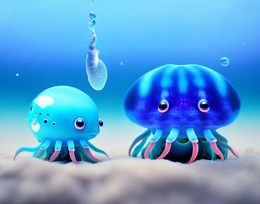 Cartoon-style jellyfish on sandy seafloor with bubbles