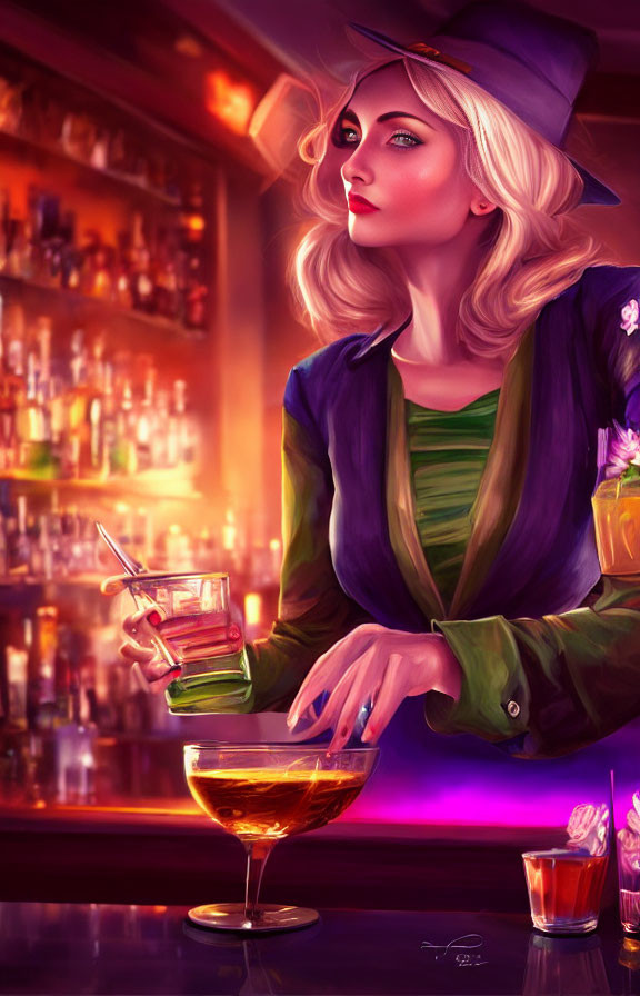 Elegant woman in purple hat and green jacket at bar with cocktail and bottles