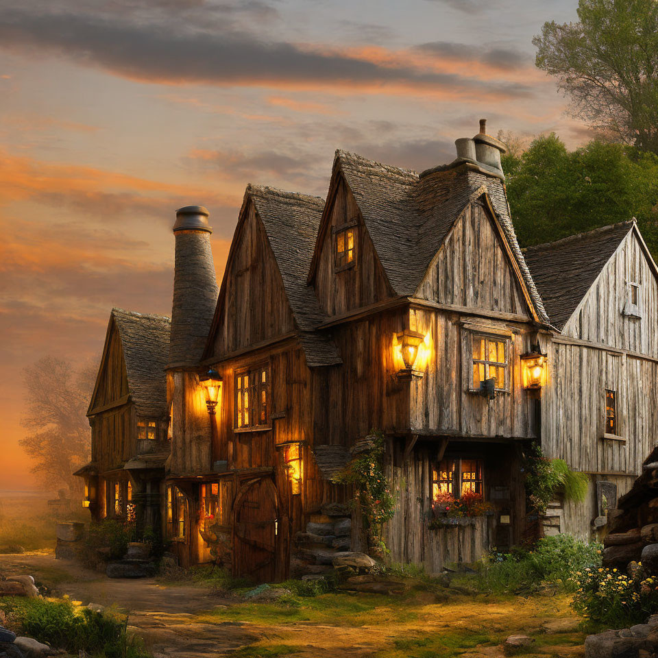 Traditional timber-framed houses glowing at twilight in rustic setting