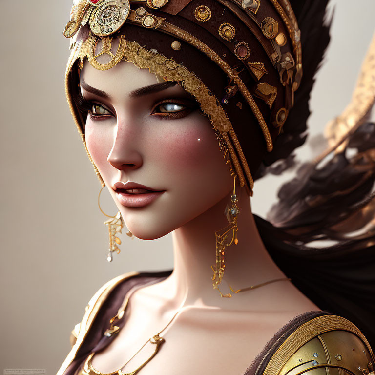 Detailed Female Character Profile with Golden Headdress, Jewelry, and Armor