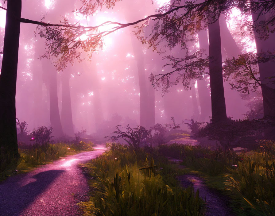 Enchanting forest with tall trees, purple hues, sunlight, and lush undergrowth