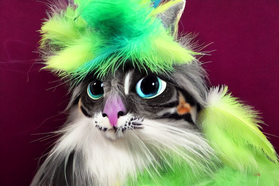 Blue-eyed cat in green feathered hat on purple background