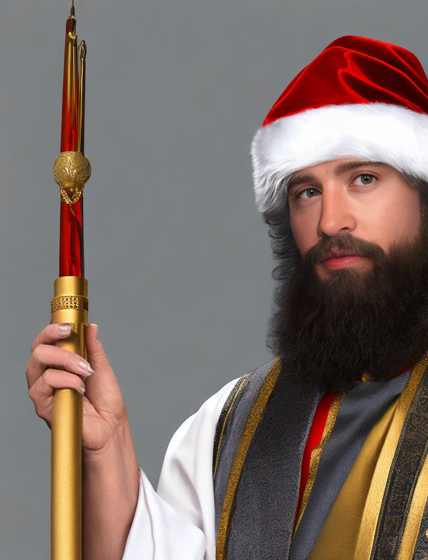 Bearded man in Santa hat with scepter on gray background