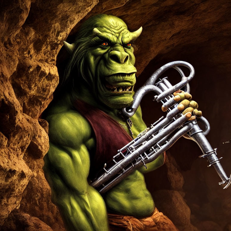 Muscular green orc with trumpet in cave setting