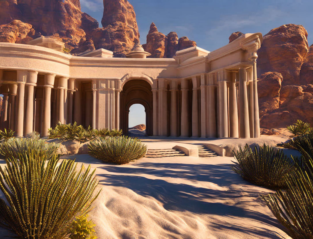 Ancient stone structure with columns in desert landscape