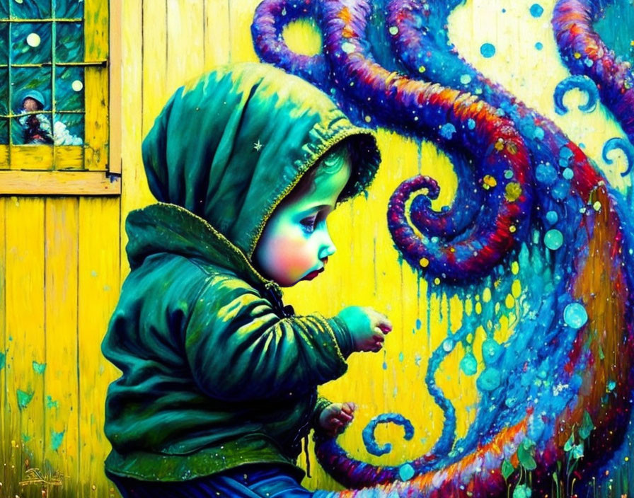 Child in green hoodie gazes at vibrant squid mural on yellow wall