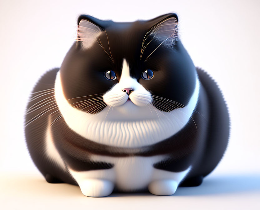 Stylized 3D illustration of plump black and white cat with blue eyes