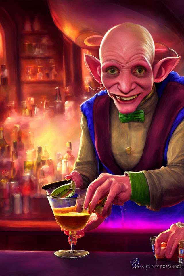 Whimsical fantasy illustration: Grinning elf bartender serving magical cocktail