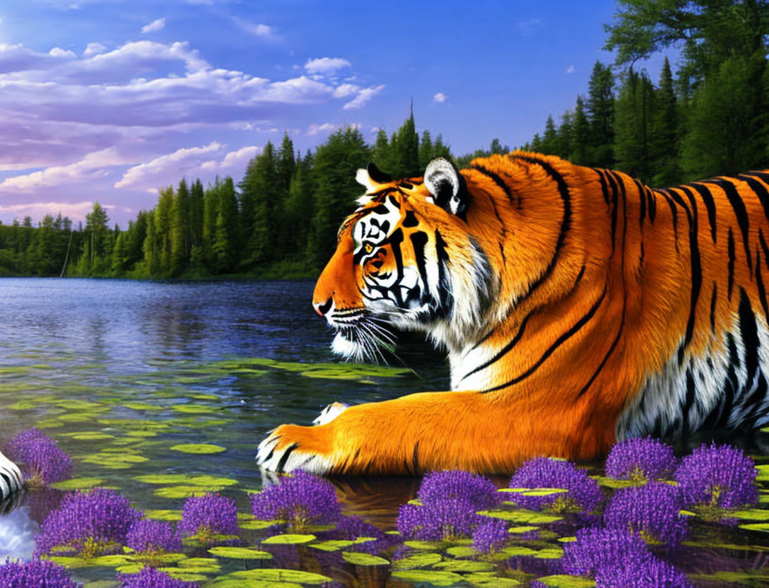 Colorful tiger by lake with purple flowers and lush forest under blue sky