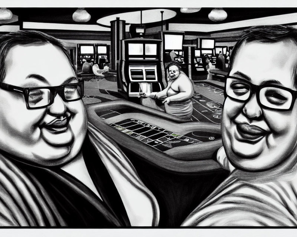 Monochrome caricature of smiling duo in casino ambiance