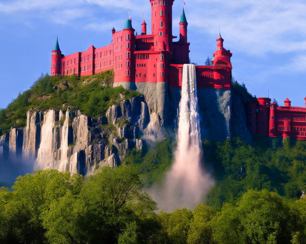 Majestic red castle on rugged cliff with towers and waterfall