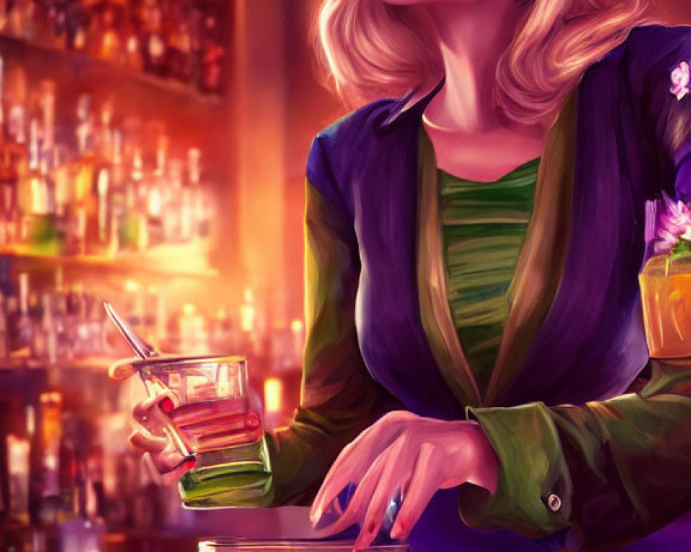 Elegant woman in purple hat and green jacket at bar with cocktail and bottles