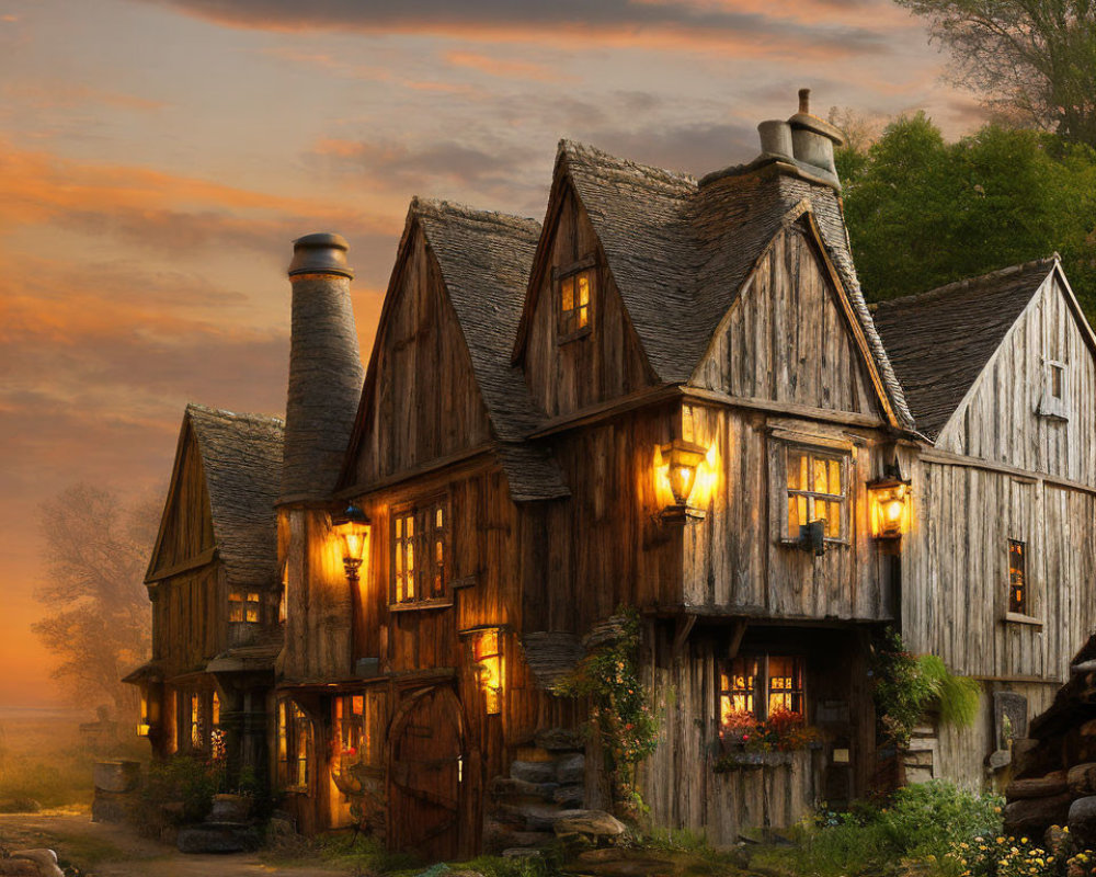 Traditional timber-framed houses glowing at twilight in rustic setting