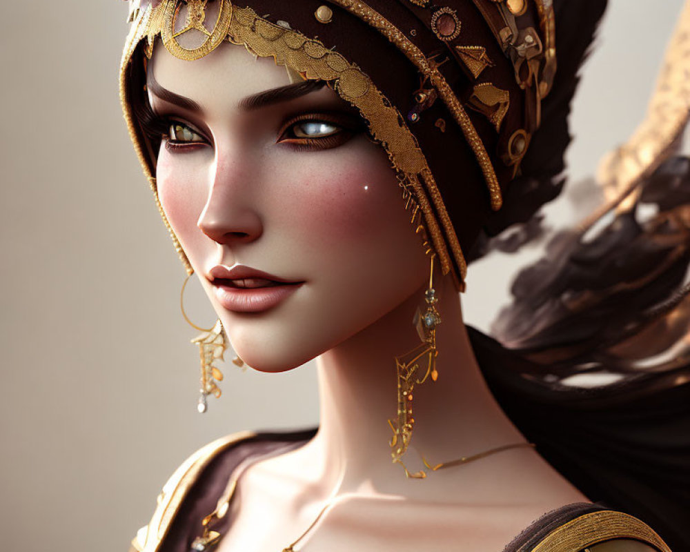 Detailed Female Character Profile with Golden Headdress, Jewelry, and Armor