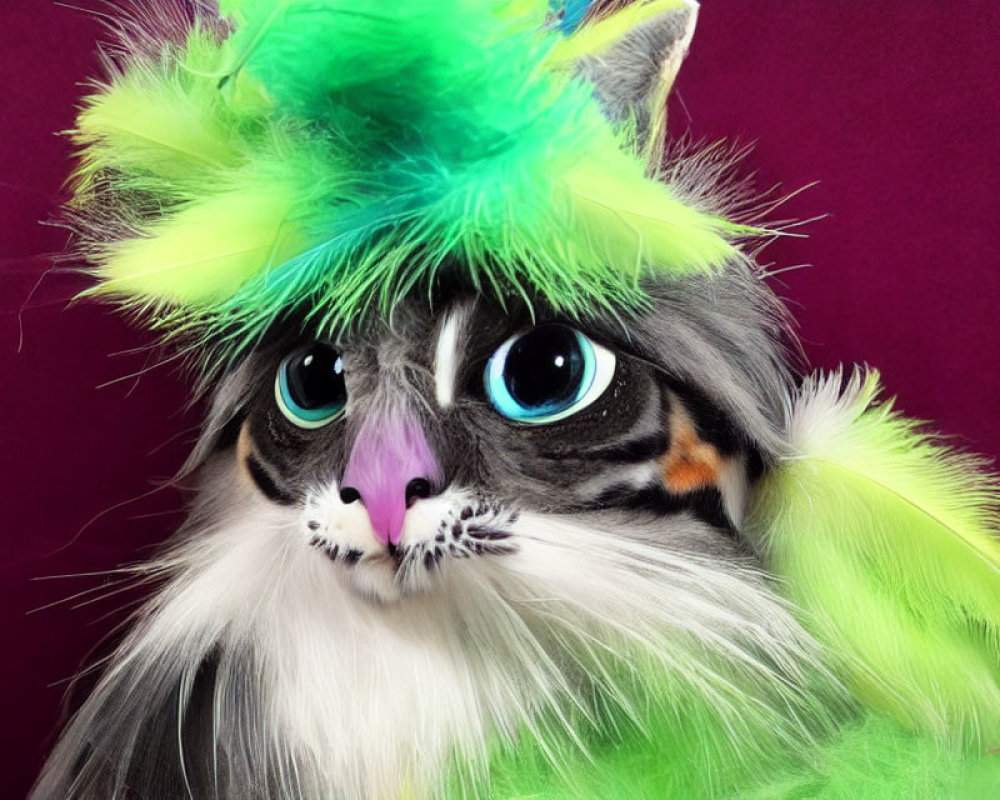 Blue-eyed cat in green feathered hat on purple background