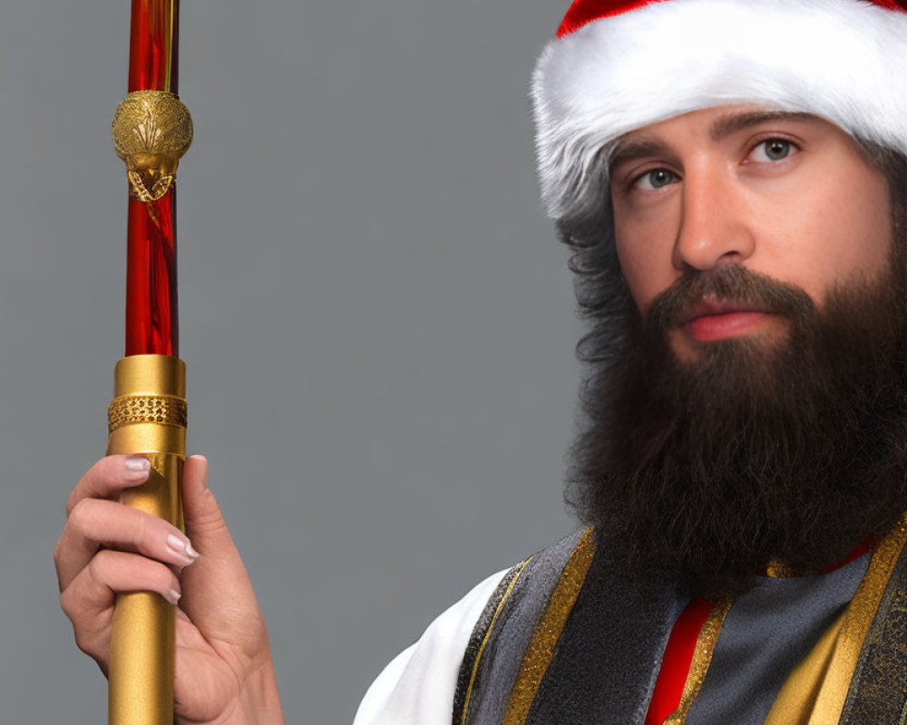 Bearded man in Santa hat with scepter on gray background