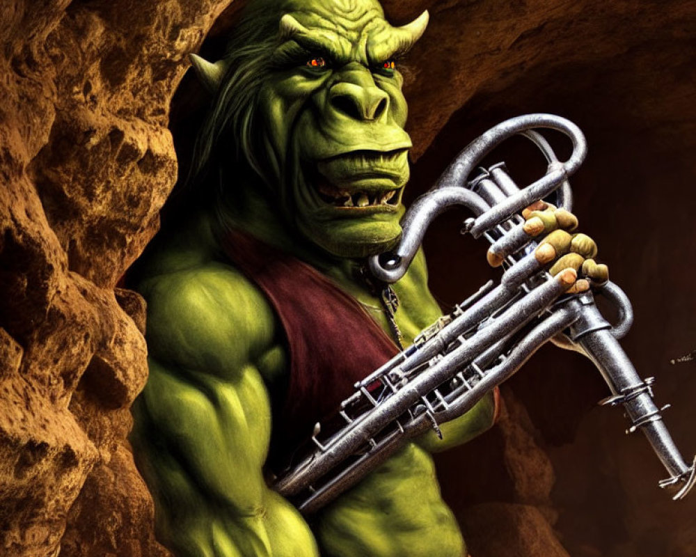 Muscular green orc with trumpet in cave setting