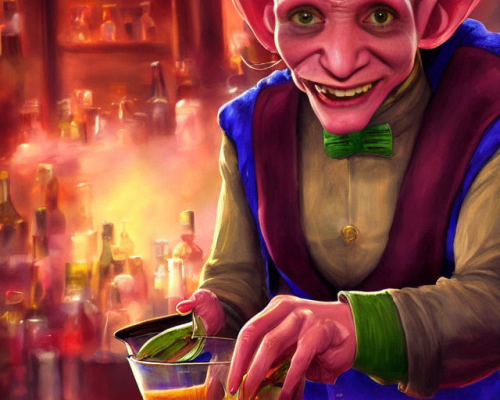 Whimsical fantasy illustration: Grinning elf bartender serving magical cocktail