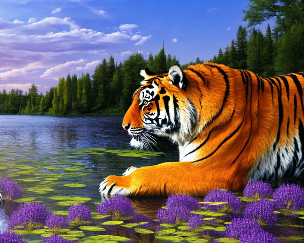 Colorful tiger by lake with purple flowers and lush forest under blue sky