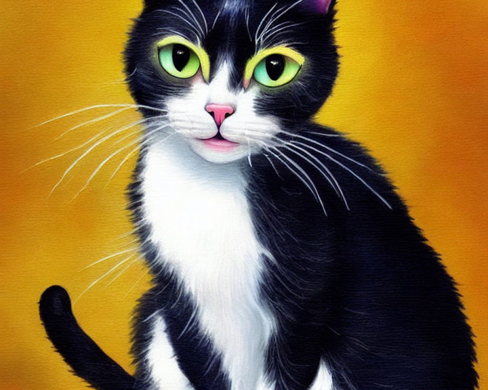 Stylized black and white cat with green eyes on yellow-orange background