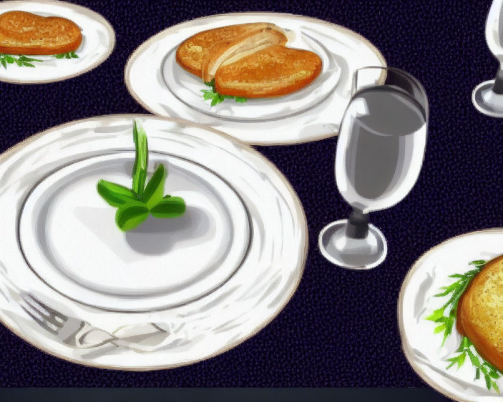 Table Setting with Empty Plates, Glasses, Parsley, Green Napkin, and Toasted Bread S