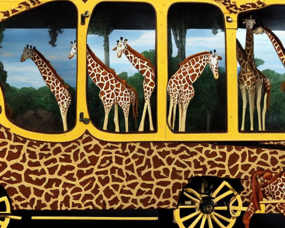 Giraffe-patterned bus with real giraffes peeking out among trees