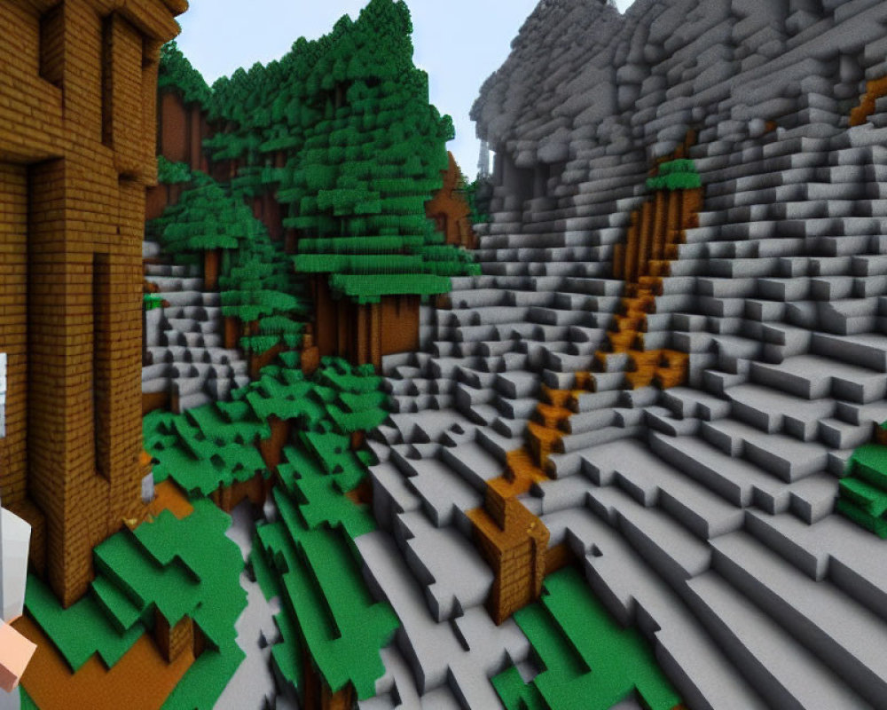 Pixelated Minecraft landscape with trees, mountain, and character.