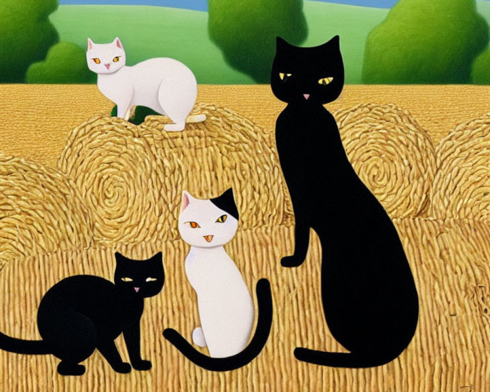 Stylized cats on hay bales in field with hills