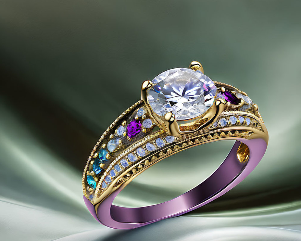 Luxurious Diamond Ring with Colorful Gemstones on Gold Band