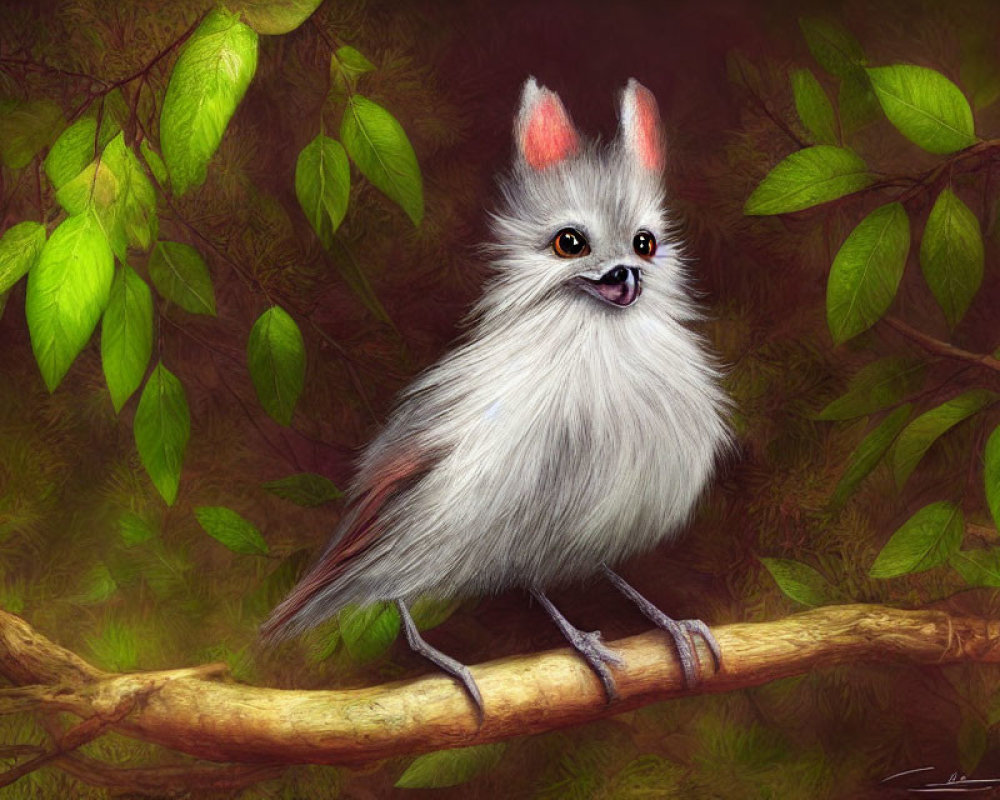 Fluffy white fantastical creature with cat-like face on tree branch